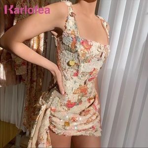 Elegant Floral Sequin Mini Dress Evening Party New